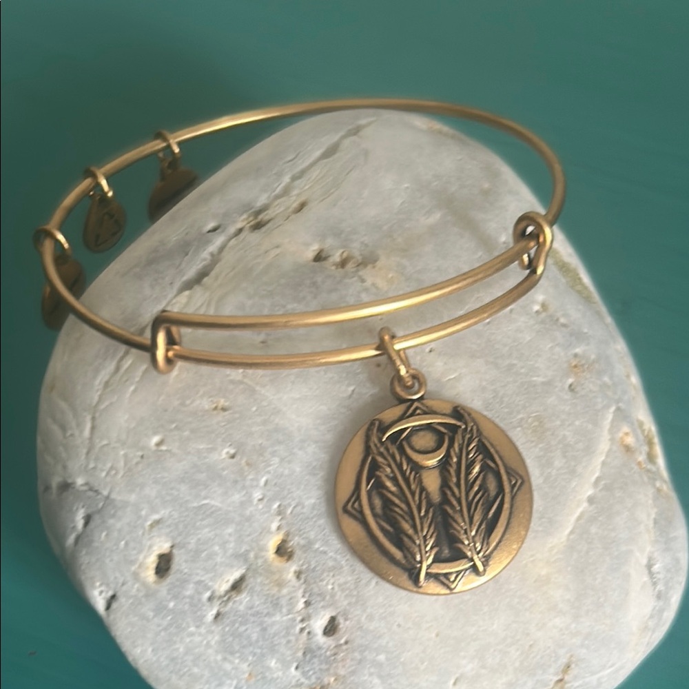 Alex and Ani Godspeed Charm Rafaelian Gold Tone Medallion Charm Bangle Bracelet